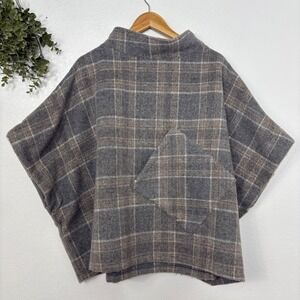 World Market Plaid Poncho Cape One Size Mock Neck Pocket Gray Brown Neutral